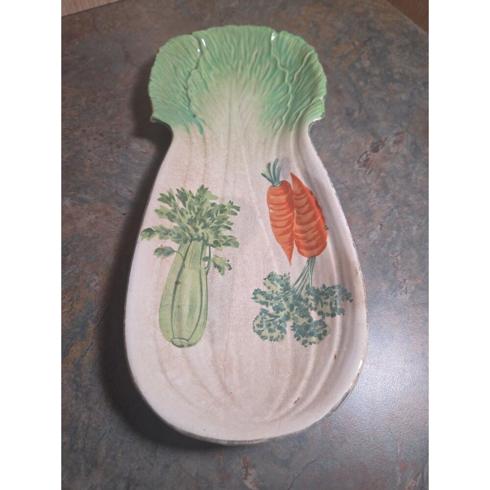 Unique Farmhouse Kitchen Style Vintage Celery Shaped Ceramic Spoon Rest / Tray